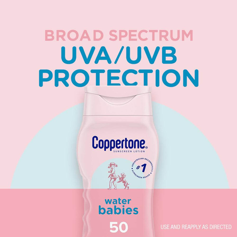 Coppertone WaterBabies sunscreen application on baby skin during outdoor play.