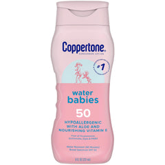 Coppertone WaterBabies SPF 50 sunscreen bottle close-up shows gentle formula and protection.