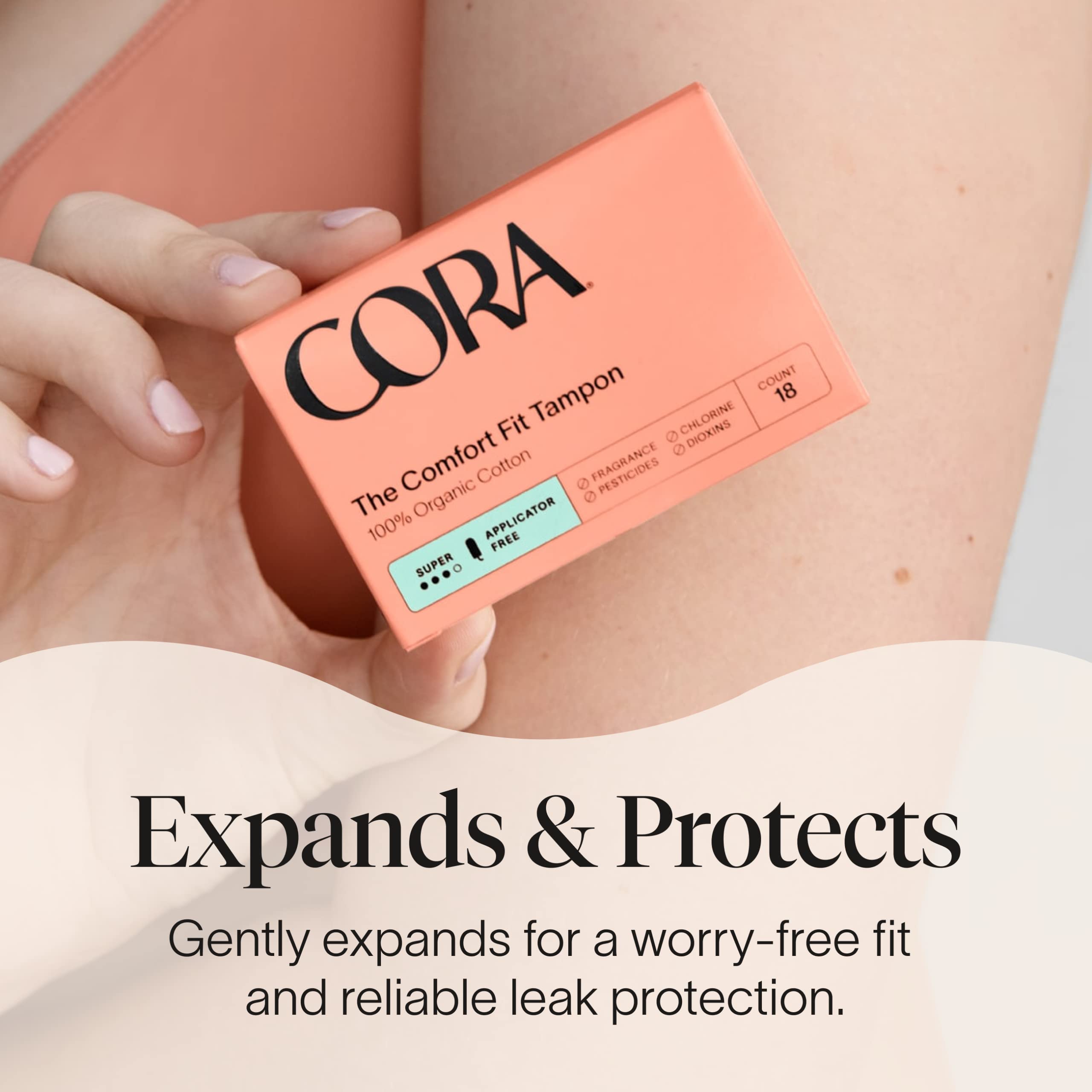 Cora non-applicator tampons insertion-tip demonstrates easy, tool-free insertion on the go.