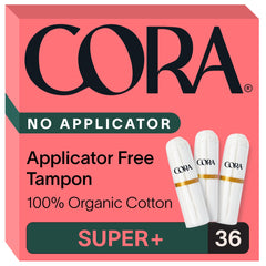 Cora 36-count packaging of organic cotton non-applicator tampons for discreet protection.