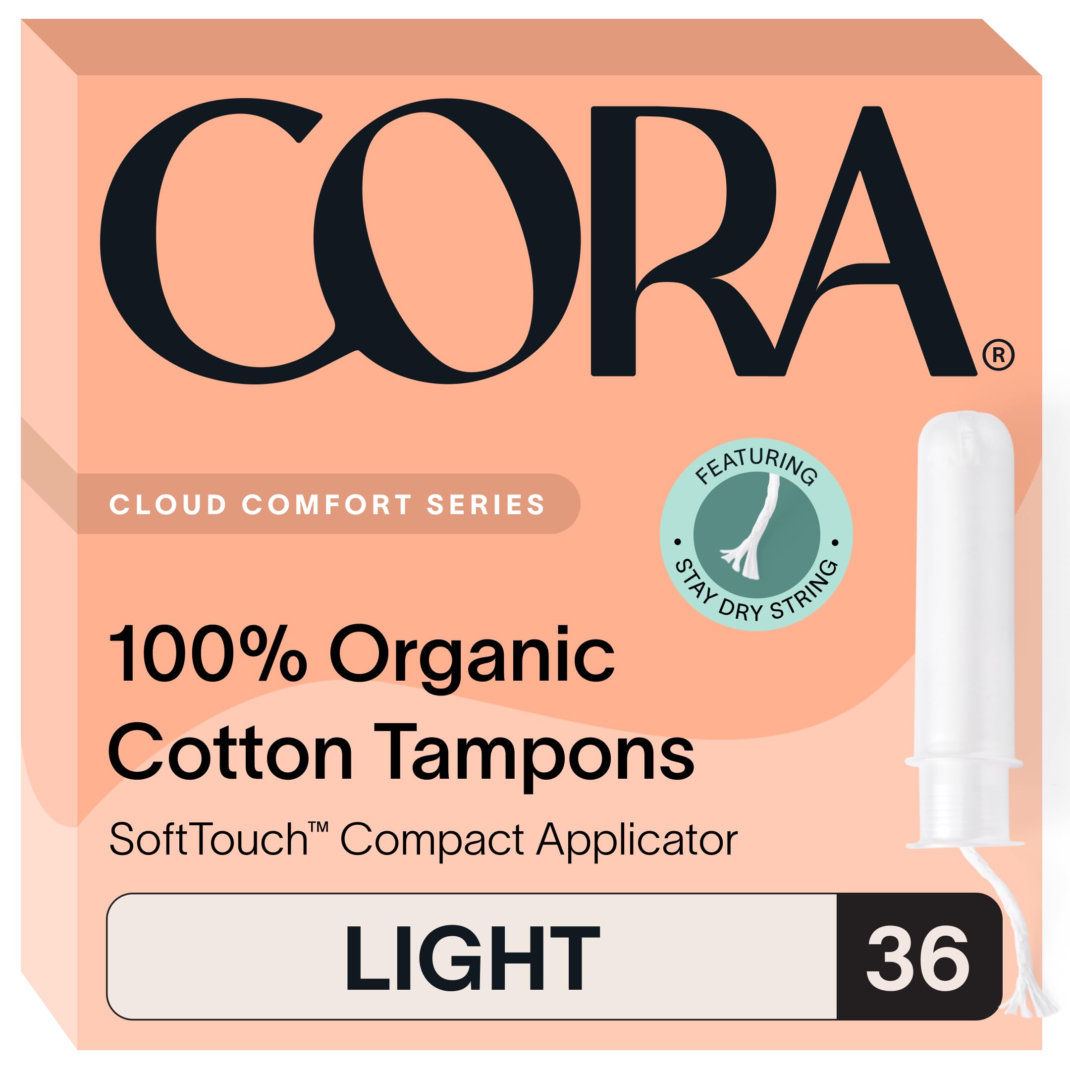 Cora 36-light tampons packaging shows compact design for on-the-go protection.