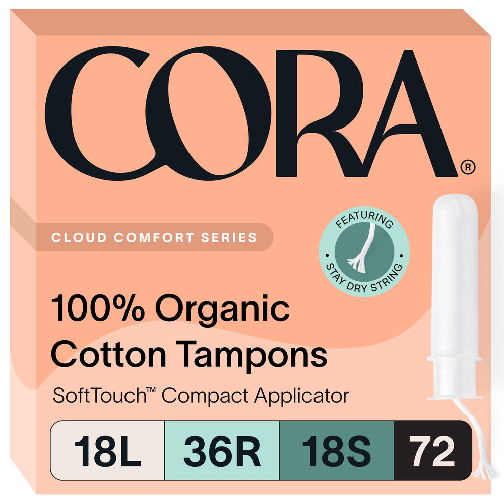 Cora tampons multipack packaging front highlights total 72 tampons