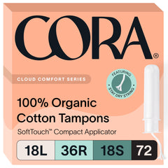 Cora tampons multipack packaging front highlights total 72 tampons