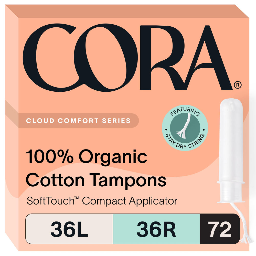 Cora tampons multipack packaging showing 72-count set for different absorbencies.
