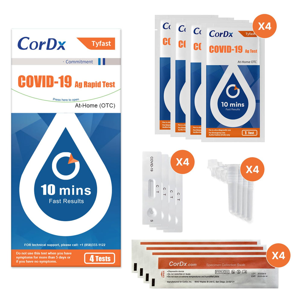 CorDx TyFast 4-pack box highlighting convenient multi-pack usage.