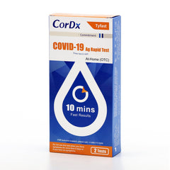 CorDx TyFast at-home test kit packaging showing portable design for travel-friendly use.