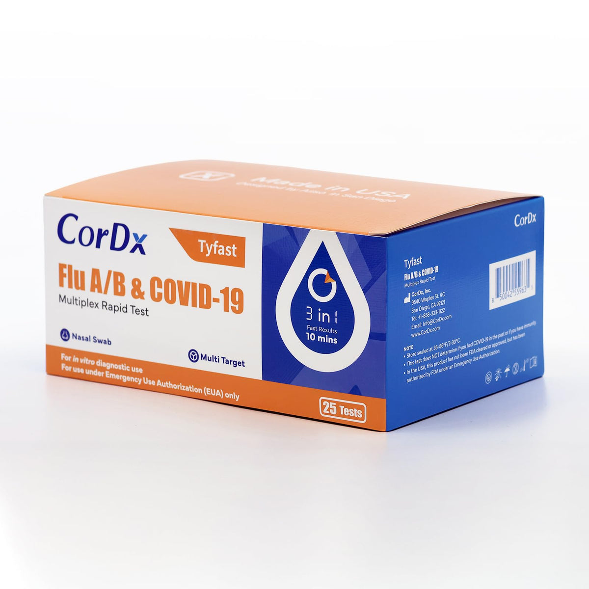 CorDx TyFast front box displaying the 3-in-1 home test kit for families.