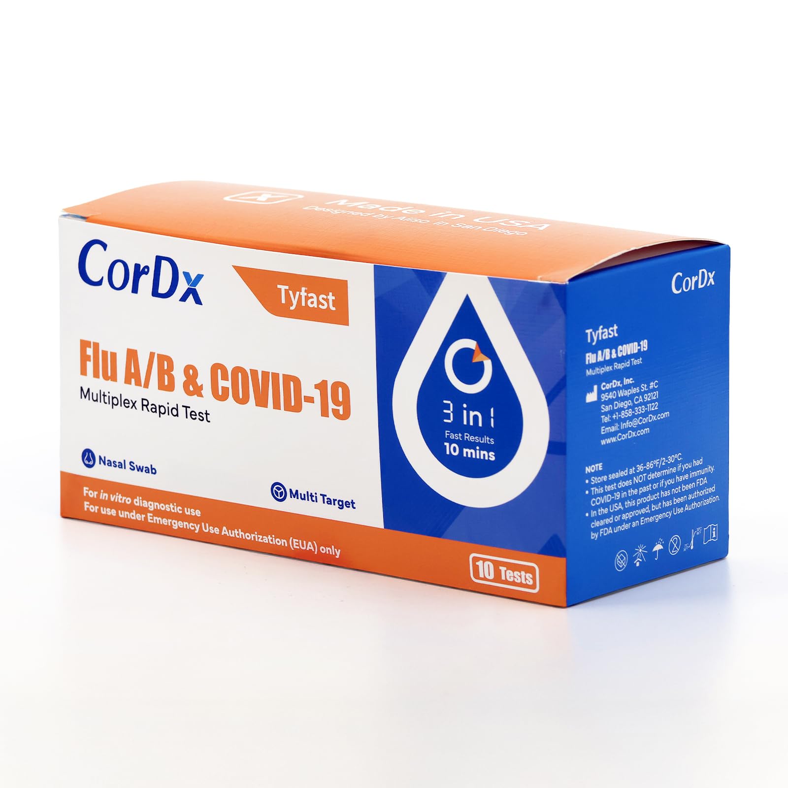 CorDx Tyfast kit box with all-in-one home testing components.