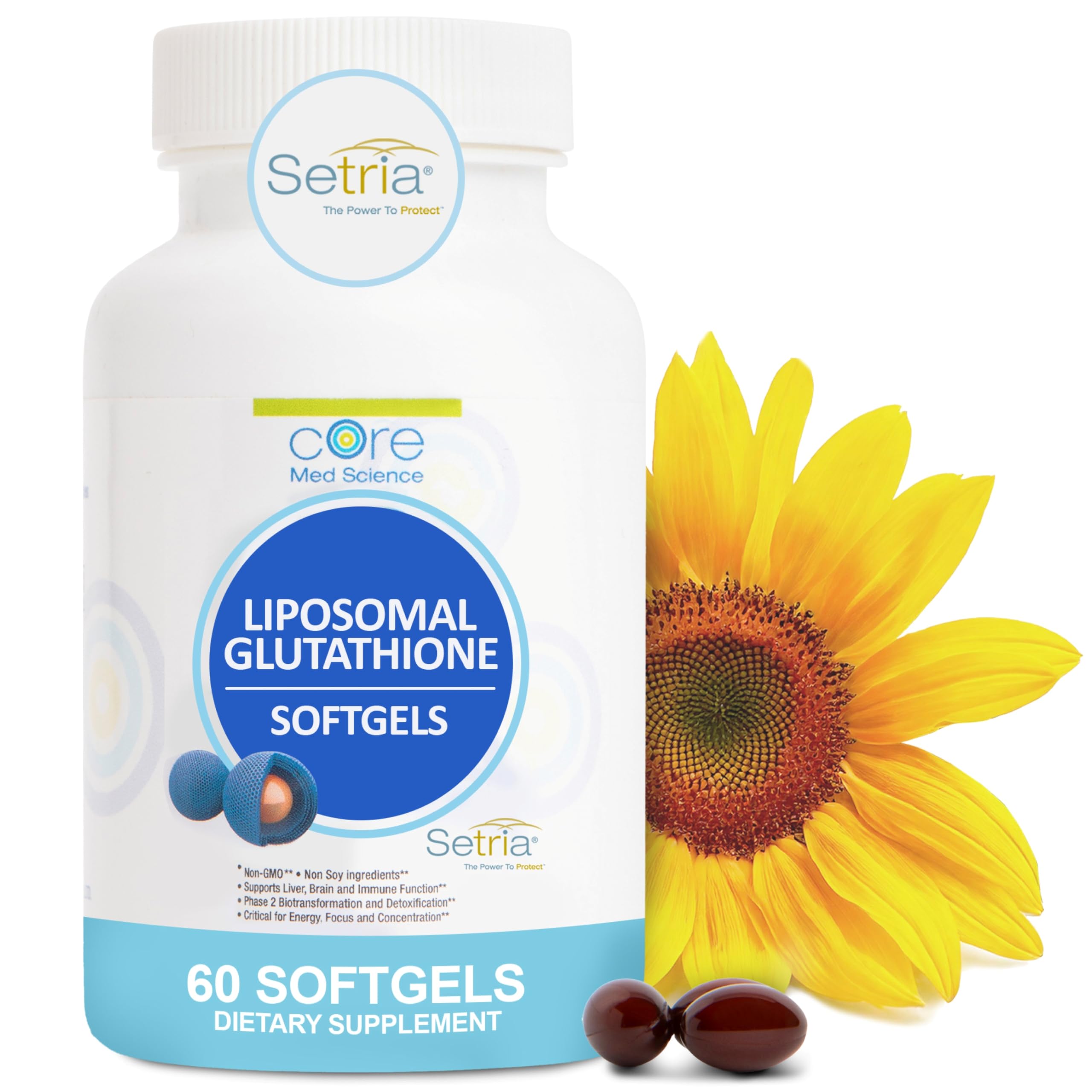 Core Med Science Liposomal Glutathione bottle front shows 500 mg Setria for daily antioxidant support
