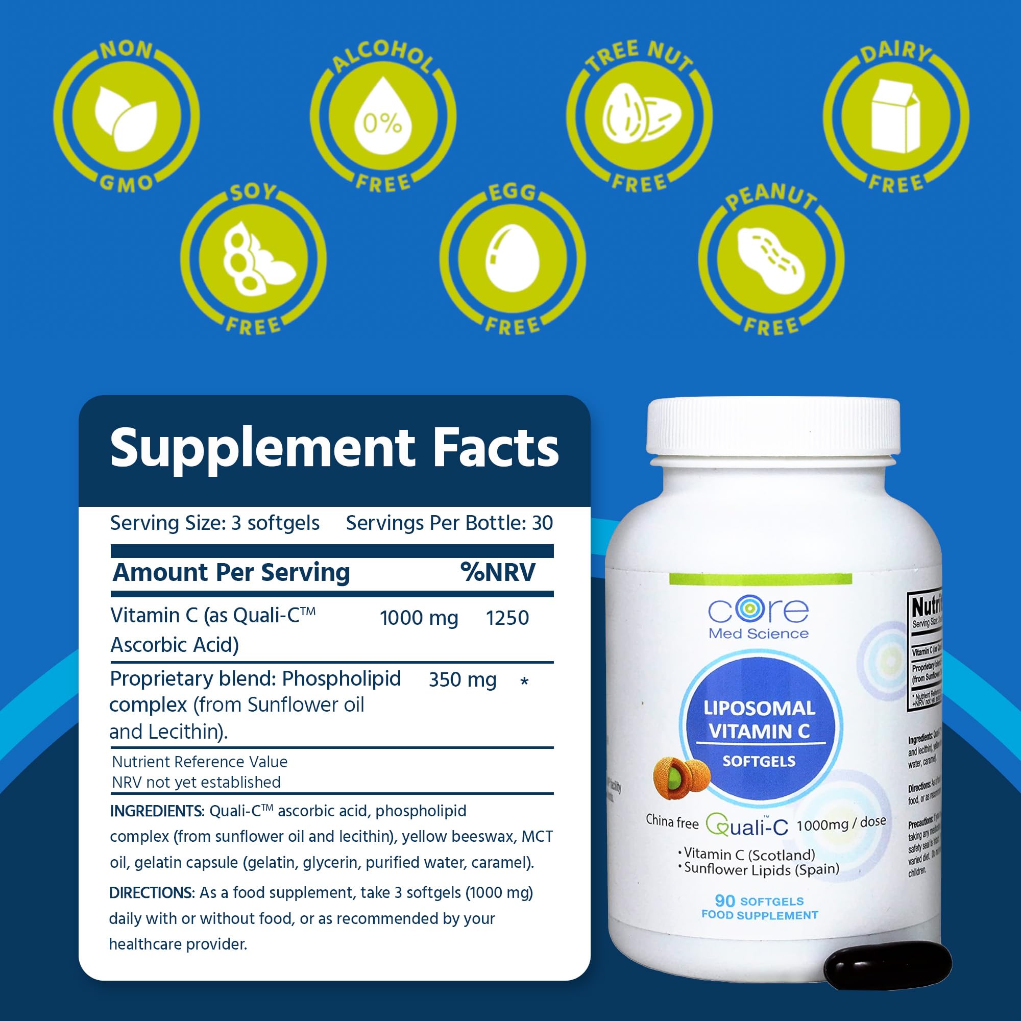 Core Med Science liposomal vitamin C bottle closeup highlights sunflower lecithin source for enhanced absorption