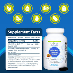 Core Med Science liposomal vitamin C bottle closeup highlights sunflower lecithin source for enhanced absorption