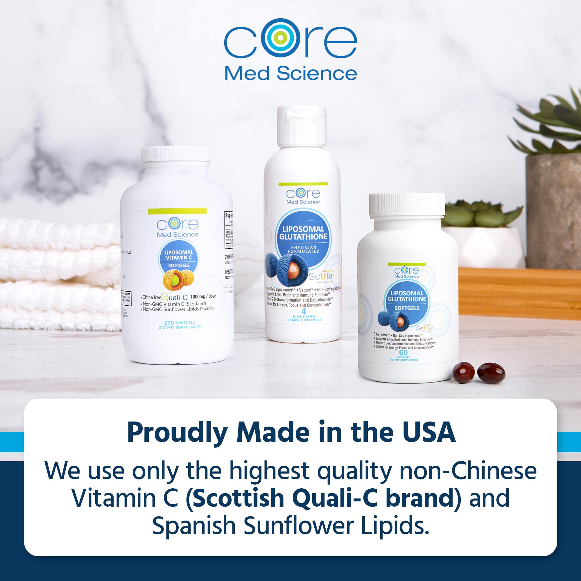 Core Med Science vitamin C nutrition panel mentions non-GMO ingredients