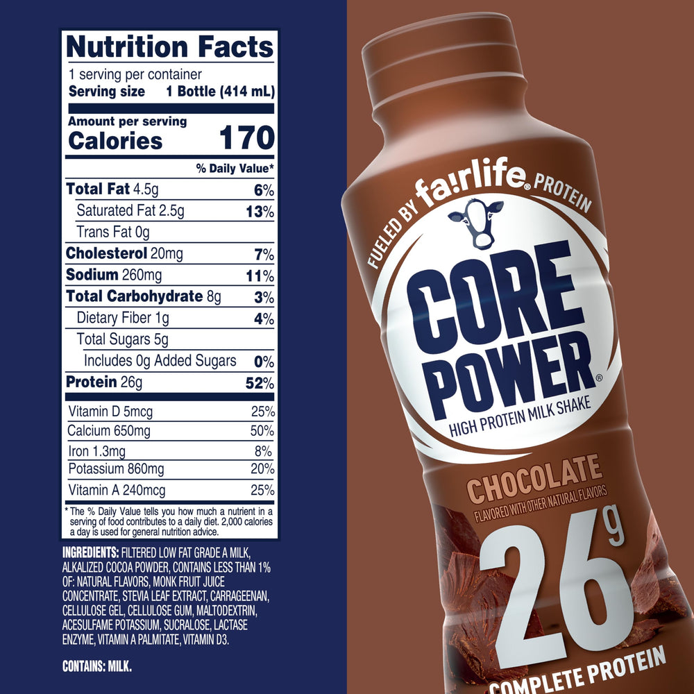 Core Power Chocolate bottle side view highlights grab-and-go protein.