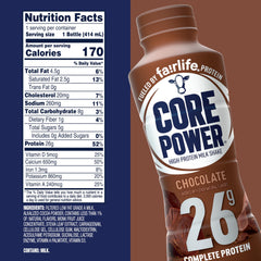 Core Power Chocolate bottle side view highlights grab-and-go protein.