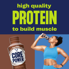 Core Power Chocolate label closeup emphasizes 26 g protein per bottle.