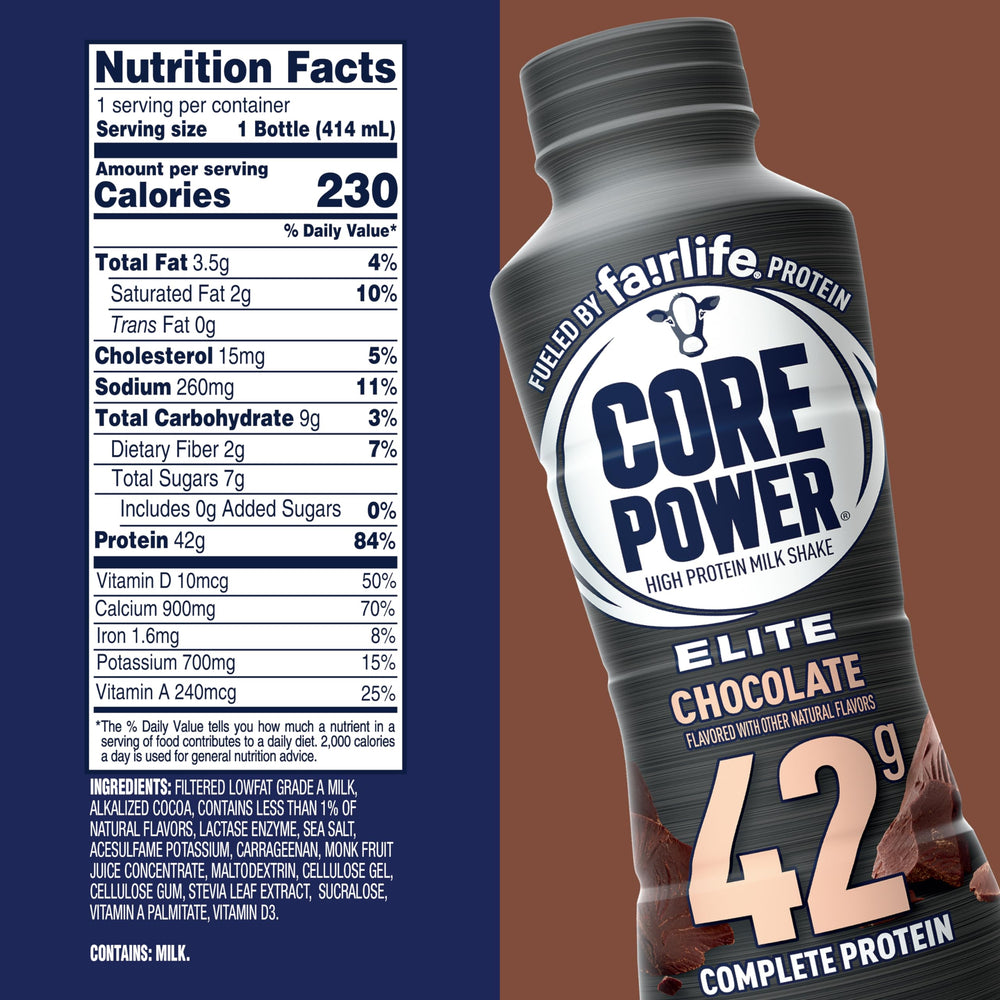 Core Power Elite Chocolate bottle pour highlighting creamy texture