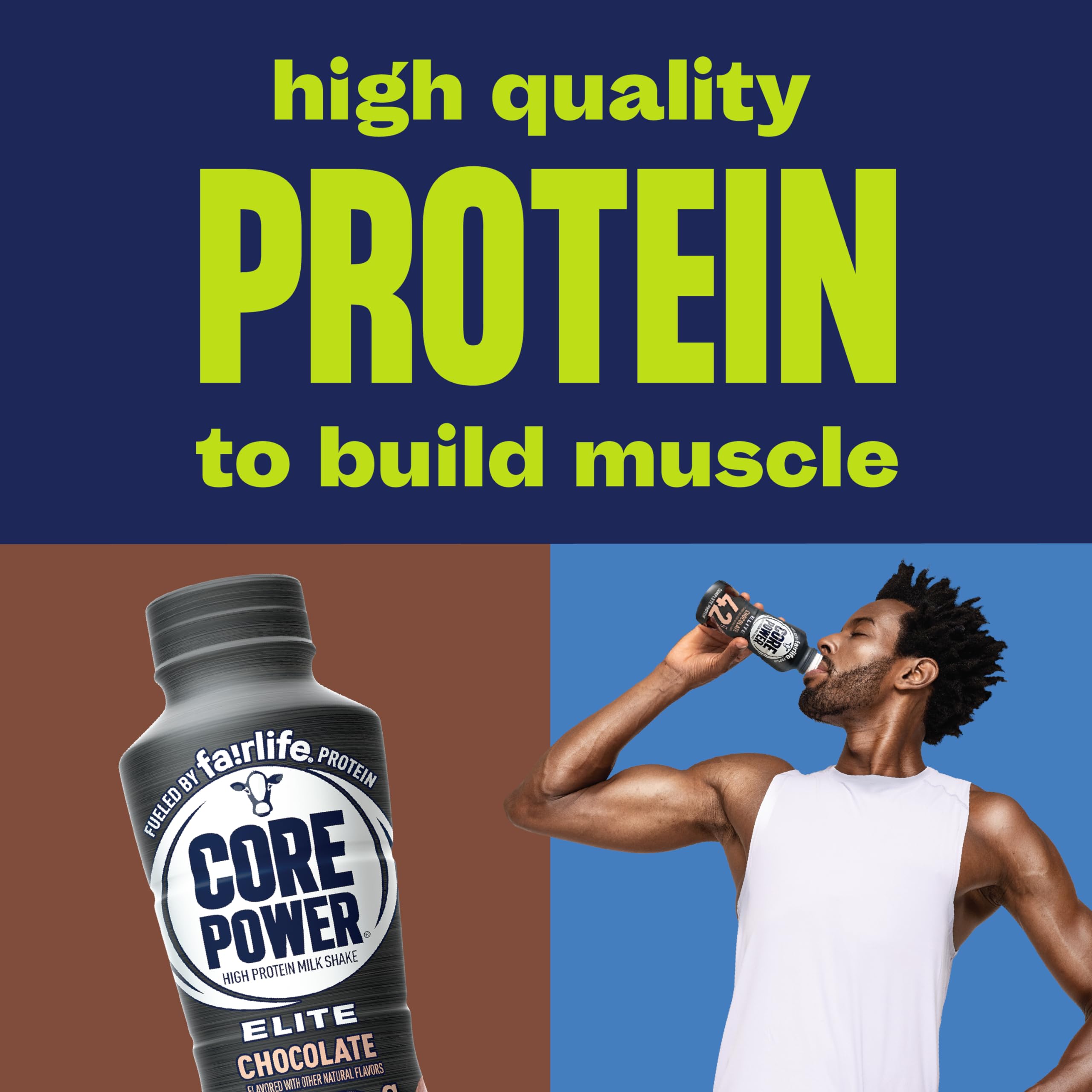 Core Power Elite Chocolate nutrition label with 42g protein per bottle