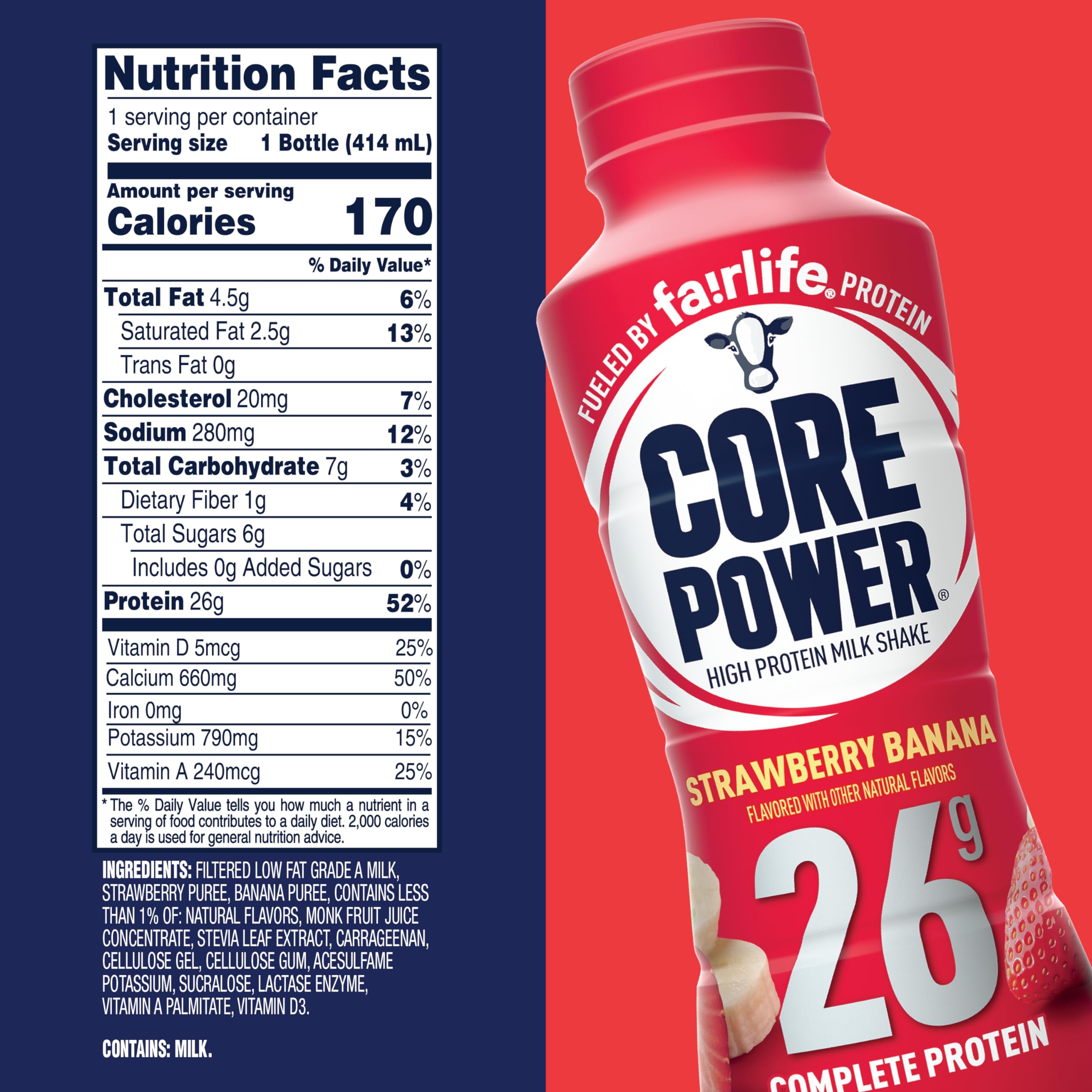 Core Power bottle being poured into a glass, highlighting creamy texture.