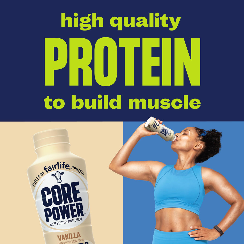 Core Power Vanilla bottle nutrition panel close-up highlights protein and calcium