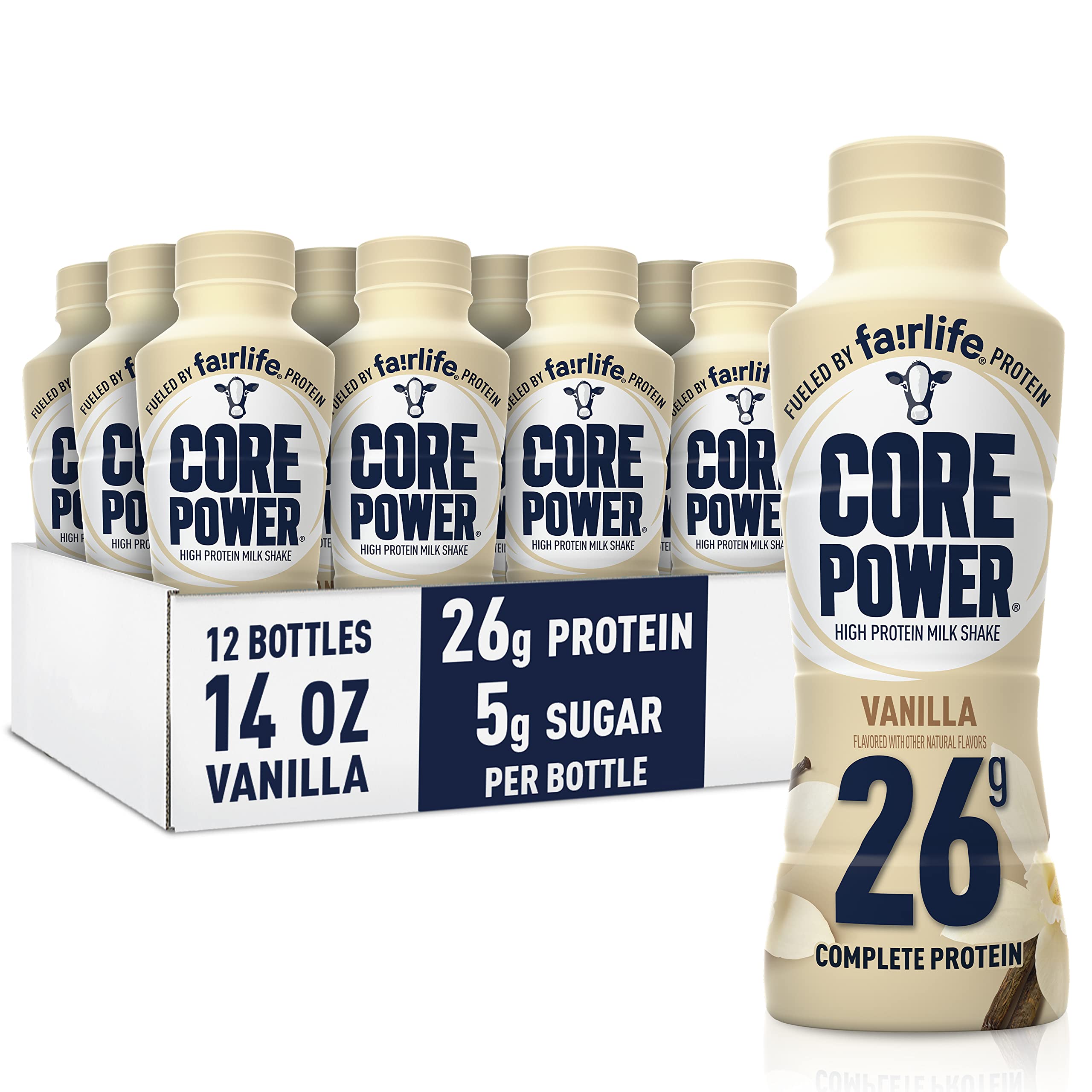 Core Power Vanilla bottle 14oz shows 26g protein per serving for post-workout recovery