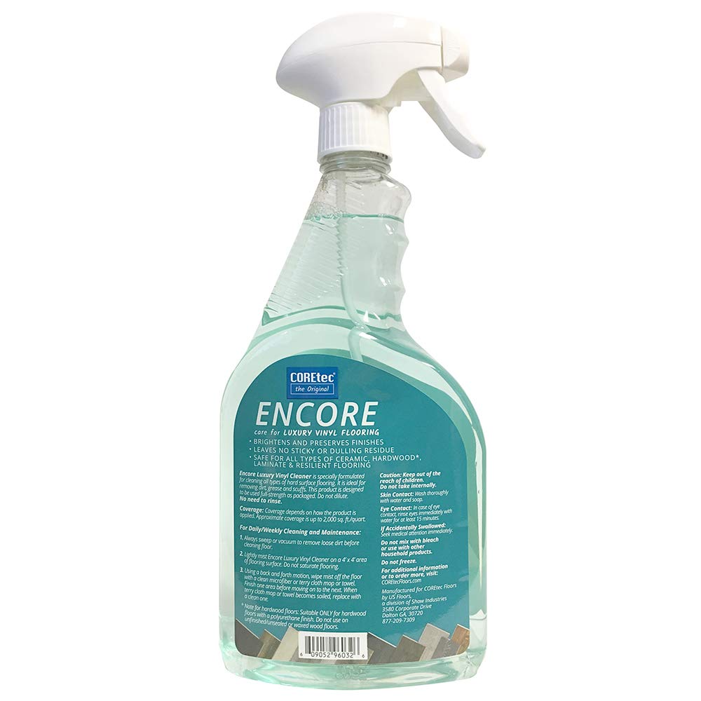 COREtec ENCORE label close-up highlighting brightening and residue-free finish