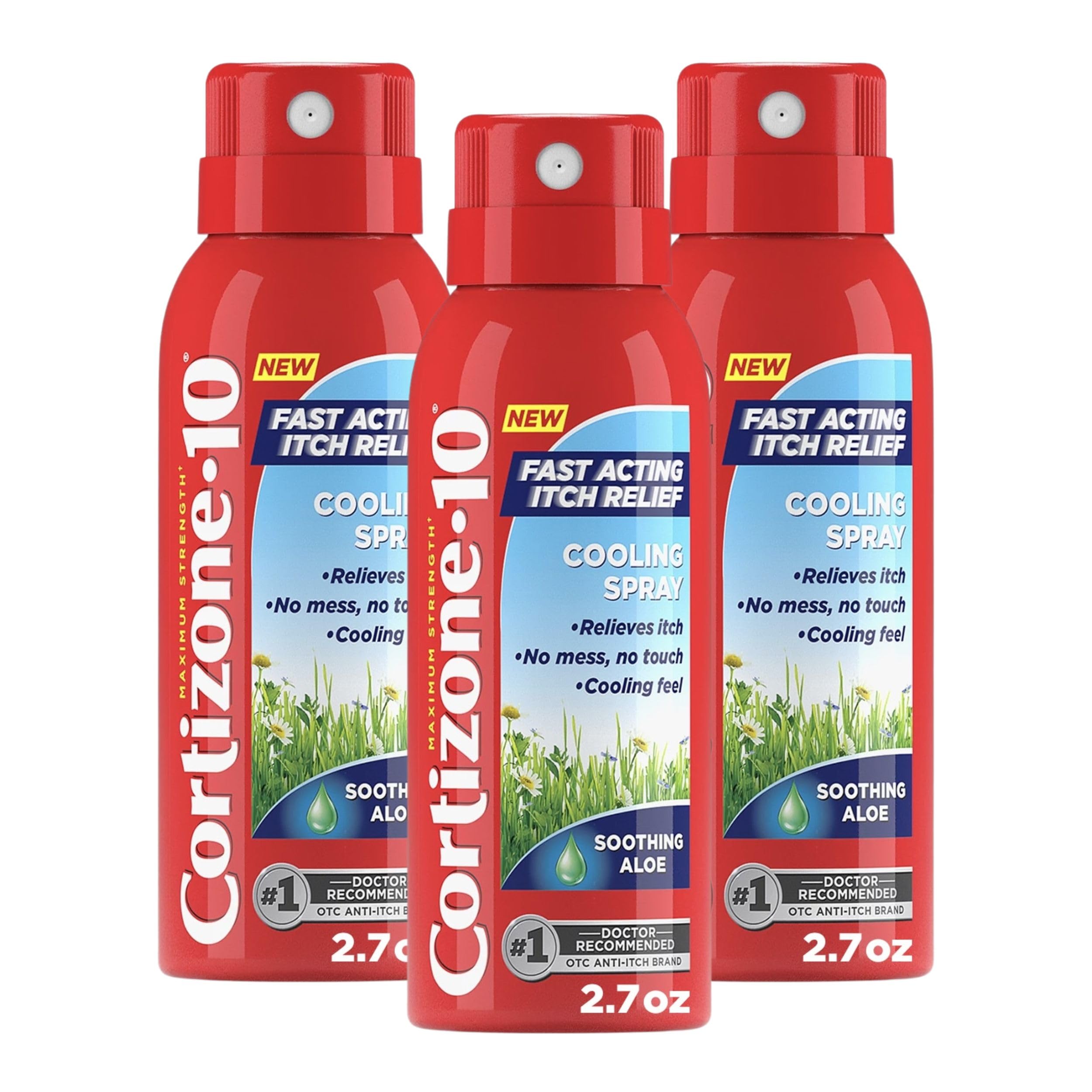 Cortizone-10 maximum-strength cooling spray bottle delivering fast itch relief.