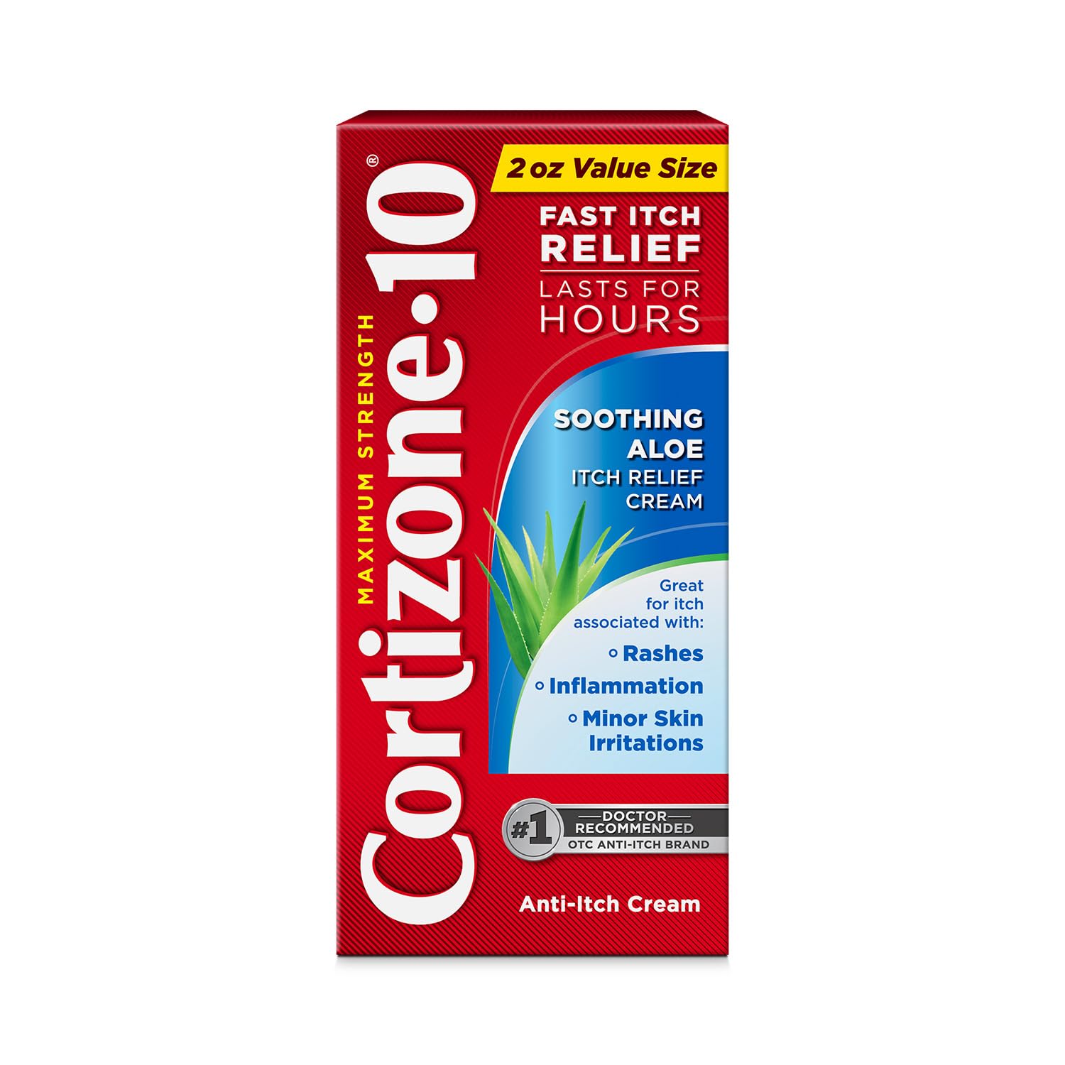 Cortizone-10 maximum strength soothing aloe cream in a 2 oz tube for fast itch relief.