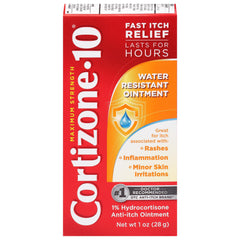 Cortizone-10 water-resistant anti-itch ointment for rashes and minor skin irritations.