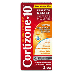Cortizone-10 tube close-up shows 2 oz size for quick itch relief.