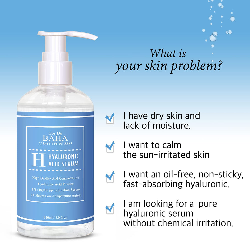 Cos De BAHA Hyaluronic Serum close-up shows high-purity sodium hyaluronate
