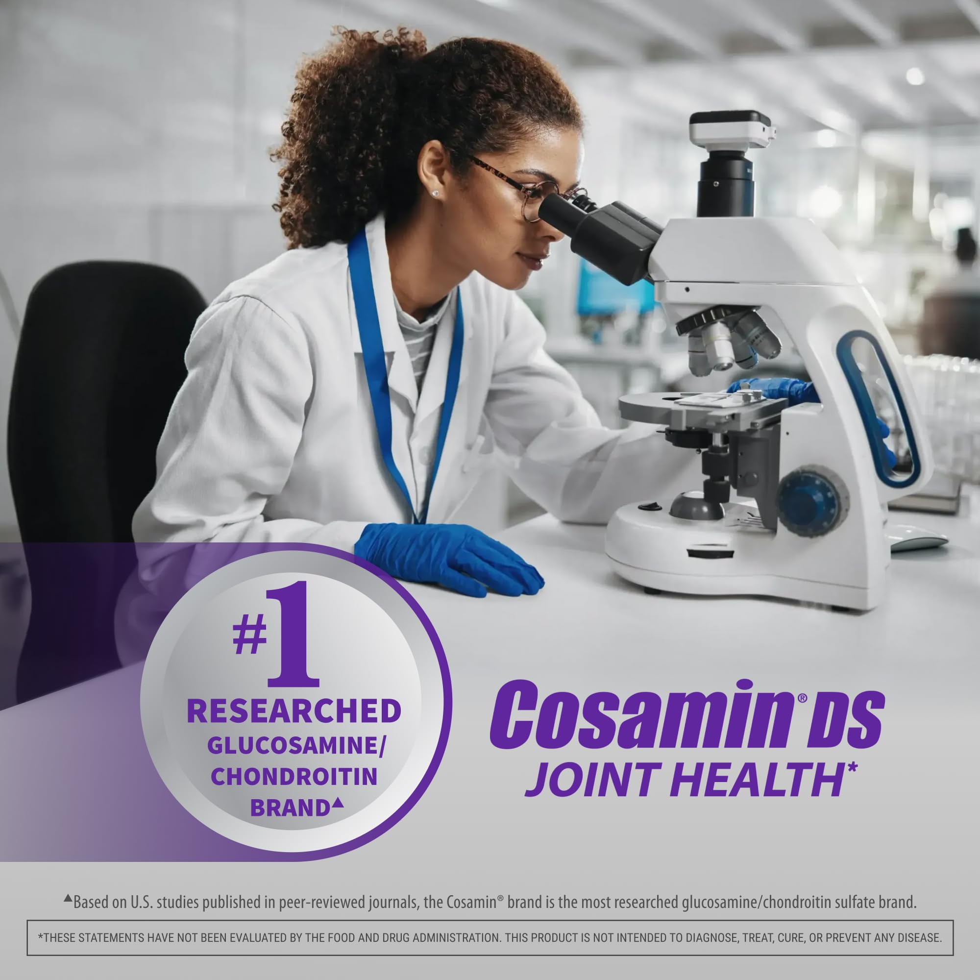 Cosamin DS bottle shown with glass of water suggests simple daily use.