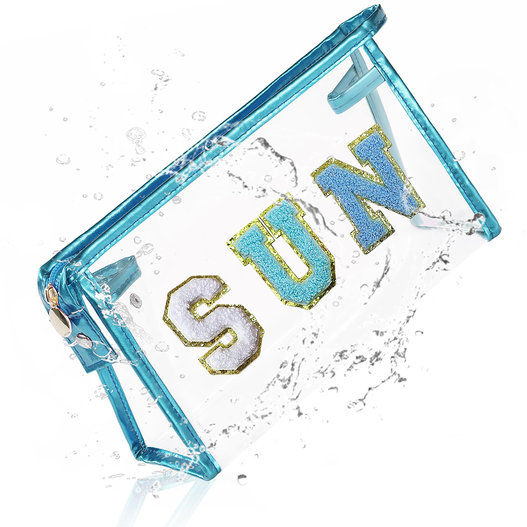 COSHAYSOO clear sunscreen bag with blue chenille SUN patches for chic beach organization