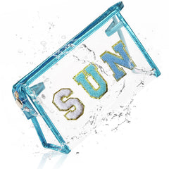 COSHAYSOO clear sunscreen bag with blue chenille SUN patches for chic beach organization