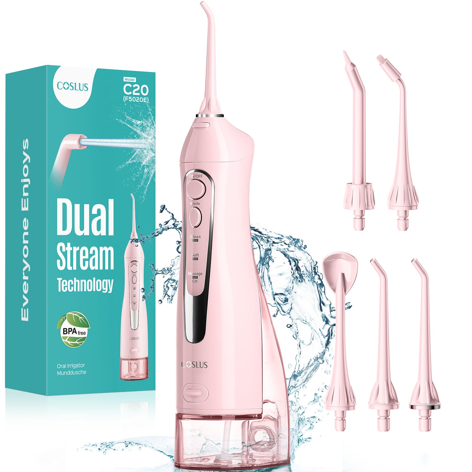 COSLUS C20 water flosser front view highlights compact cordless design for home use