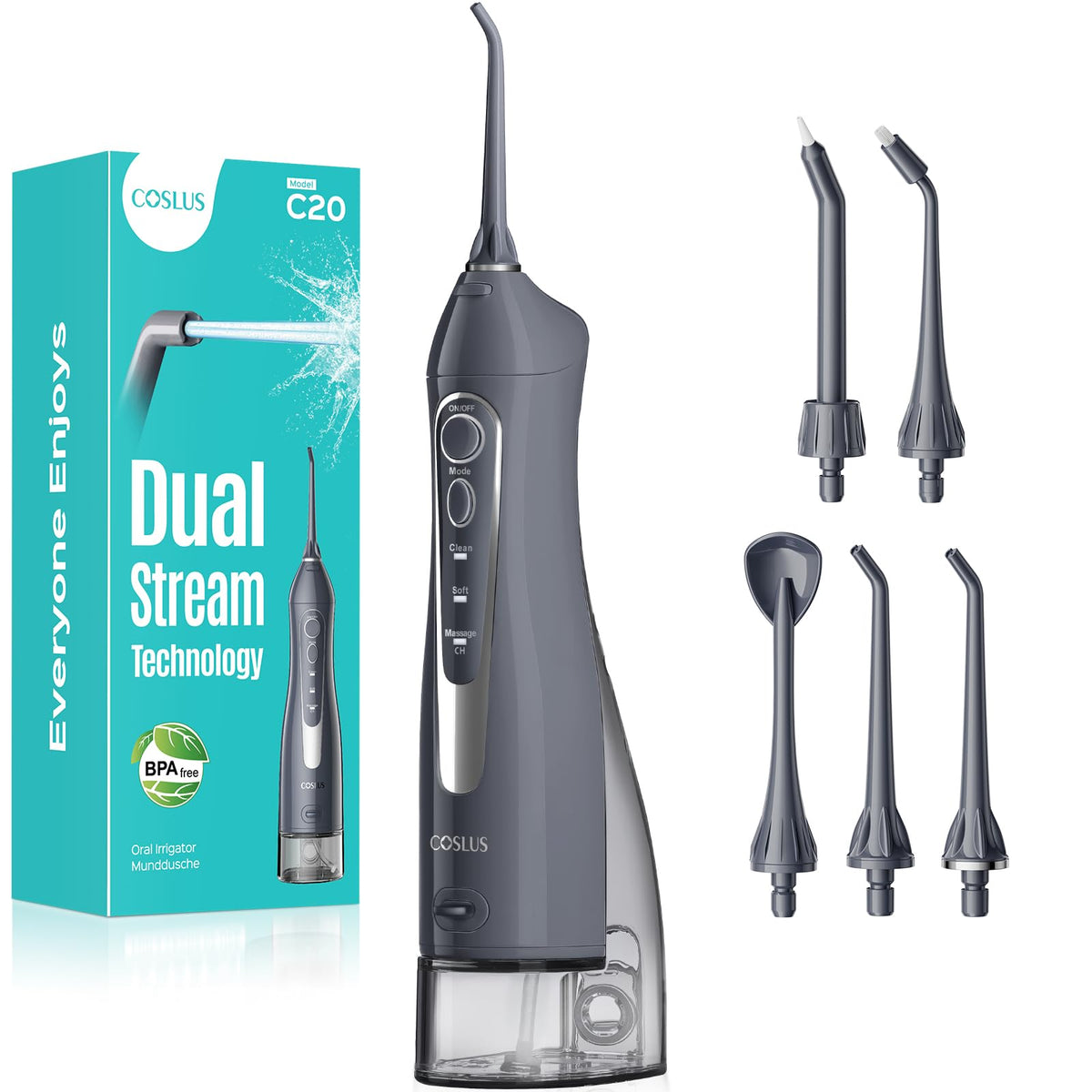 COSLUS C20 water flosser front view showing portable design