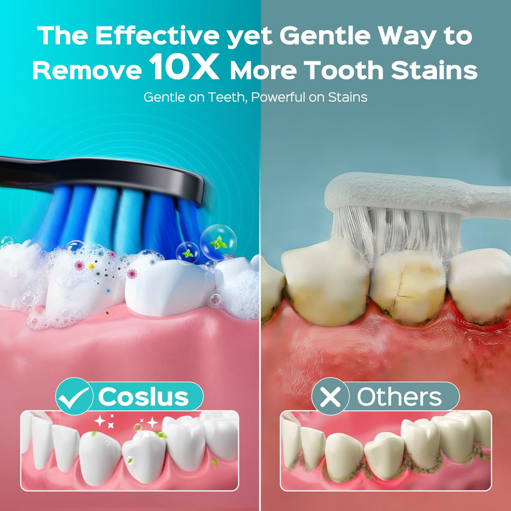 Two COSLUS C30 brush heads with flexible bristles and higher density for effective cleaning.