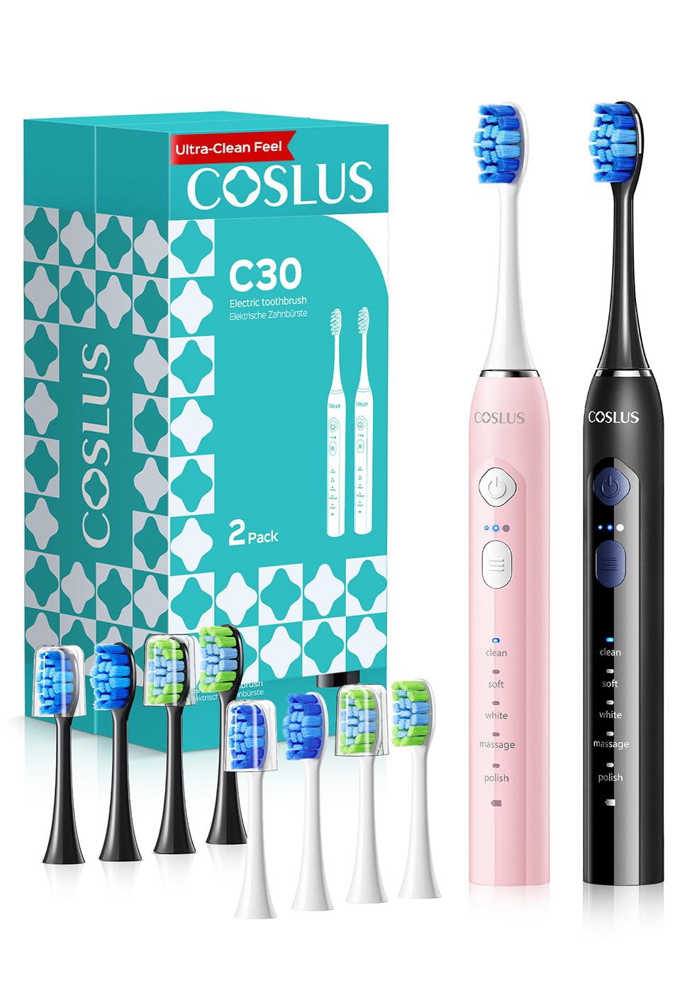 COSLUS C30 toothbrush front view shows motor power for a thorough yet gentle clean.