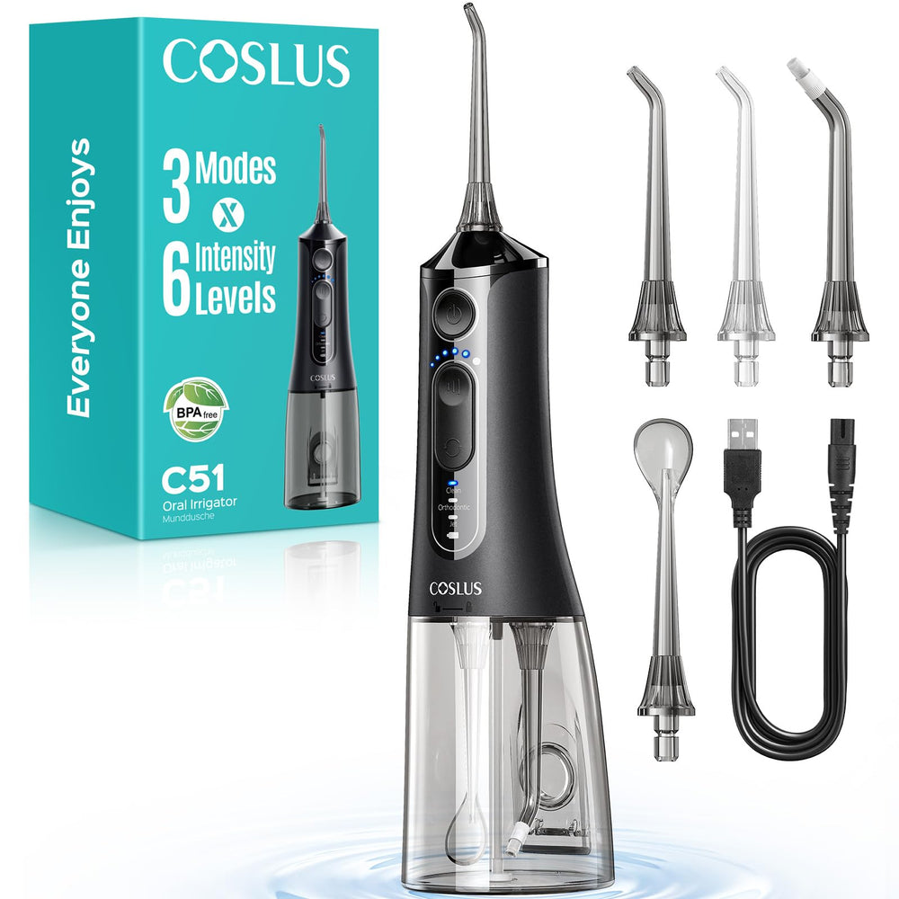 COSLUS C51 portable water flosser with built-in nozzle storage for organized travel.