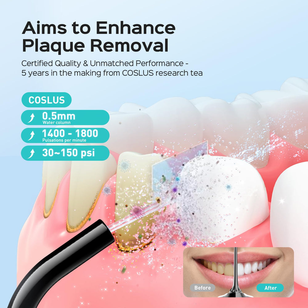 COSLUS C30 with four nozzles offers versatile cleaning for braces and gaps between teeth.