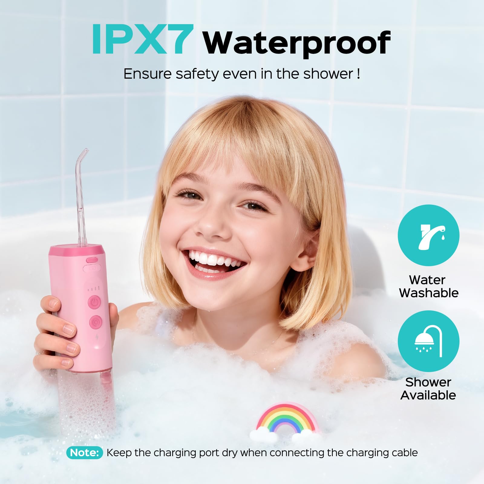 COSLUS T40 BPA-free IPX7 design supports worry-free water flossing.