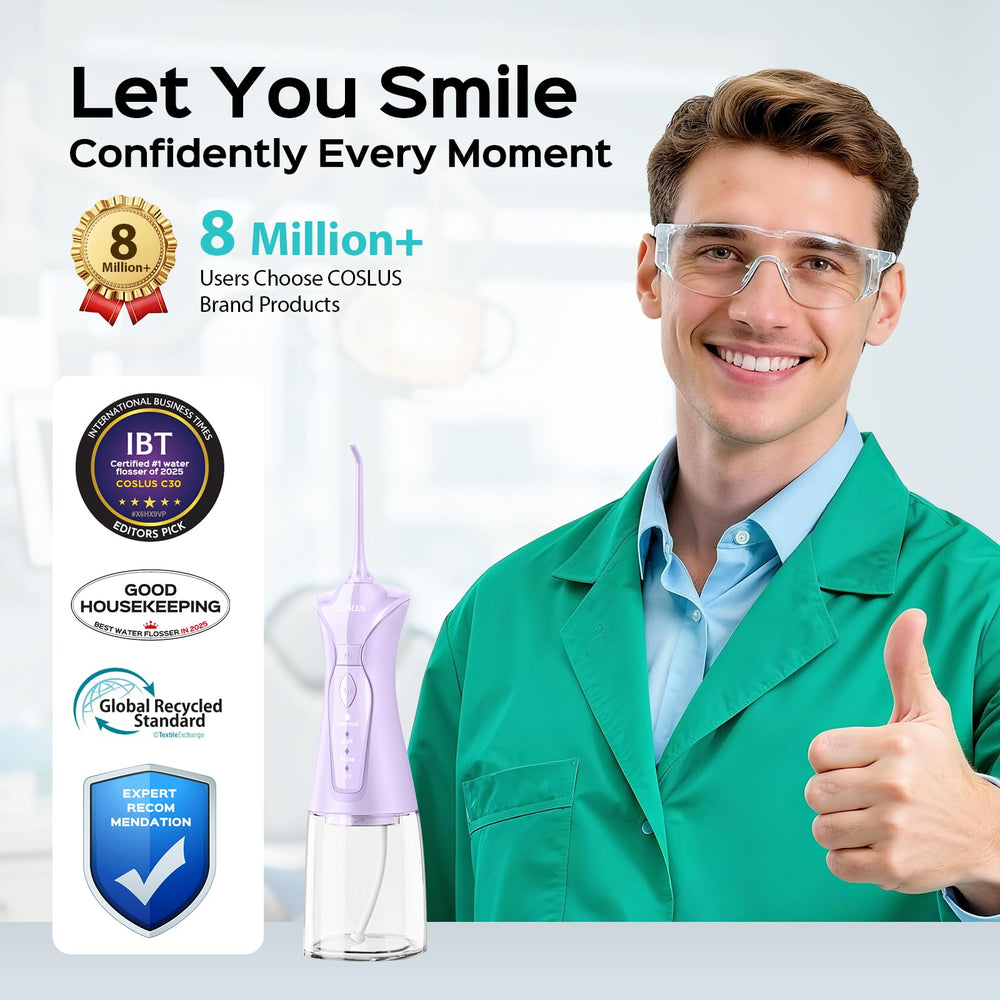 COSLUS C30 water dental flosser side view showing compact travel-friendly design.