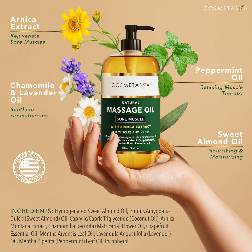 Cosmetasa Arnica oil bottle highlights fast-acting soreness support.