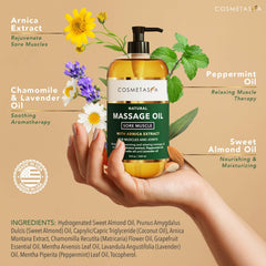Cosmetasa Arnica oil bottle highlights fast-acting soreness support.