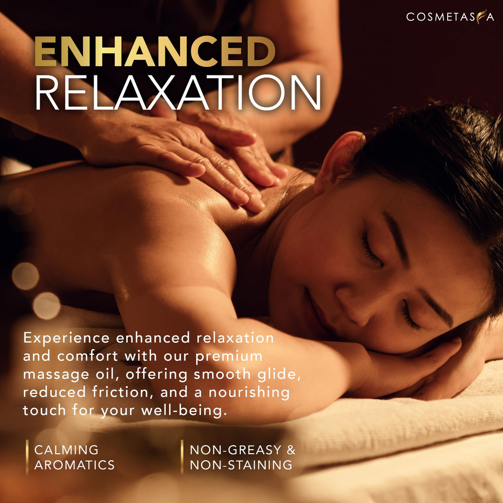 Cosmetasa Lavender Massage Oil ingredients list on bottle label