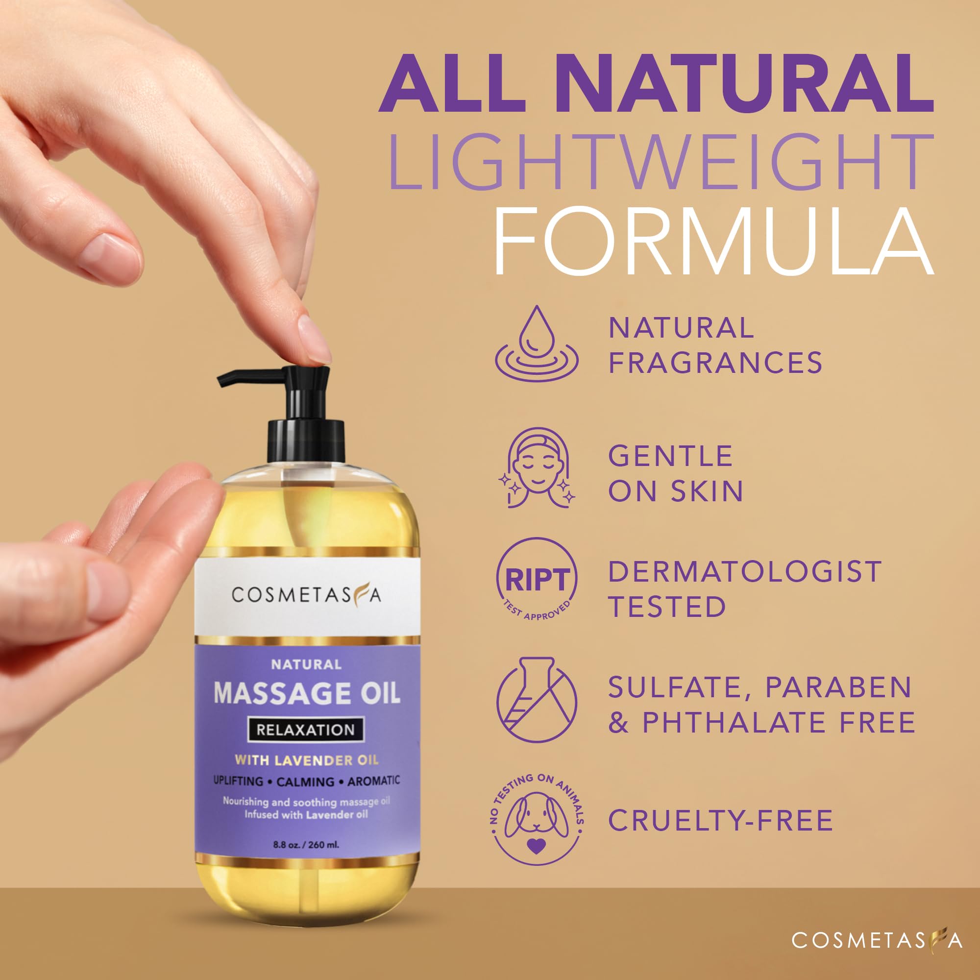 Cosmetasa Lavender Massage Oil label detail with natural ingredients