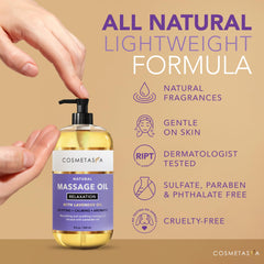 Cosmetasa Lavender Massage Oil label detail with natural ingredients