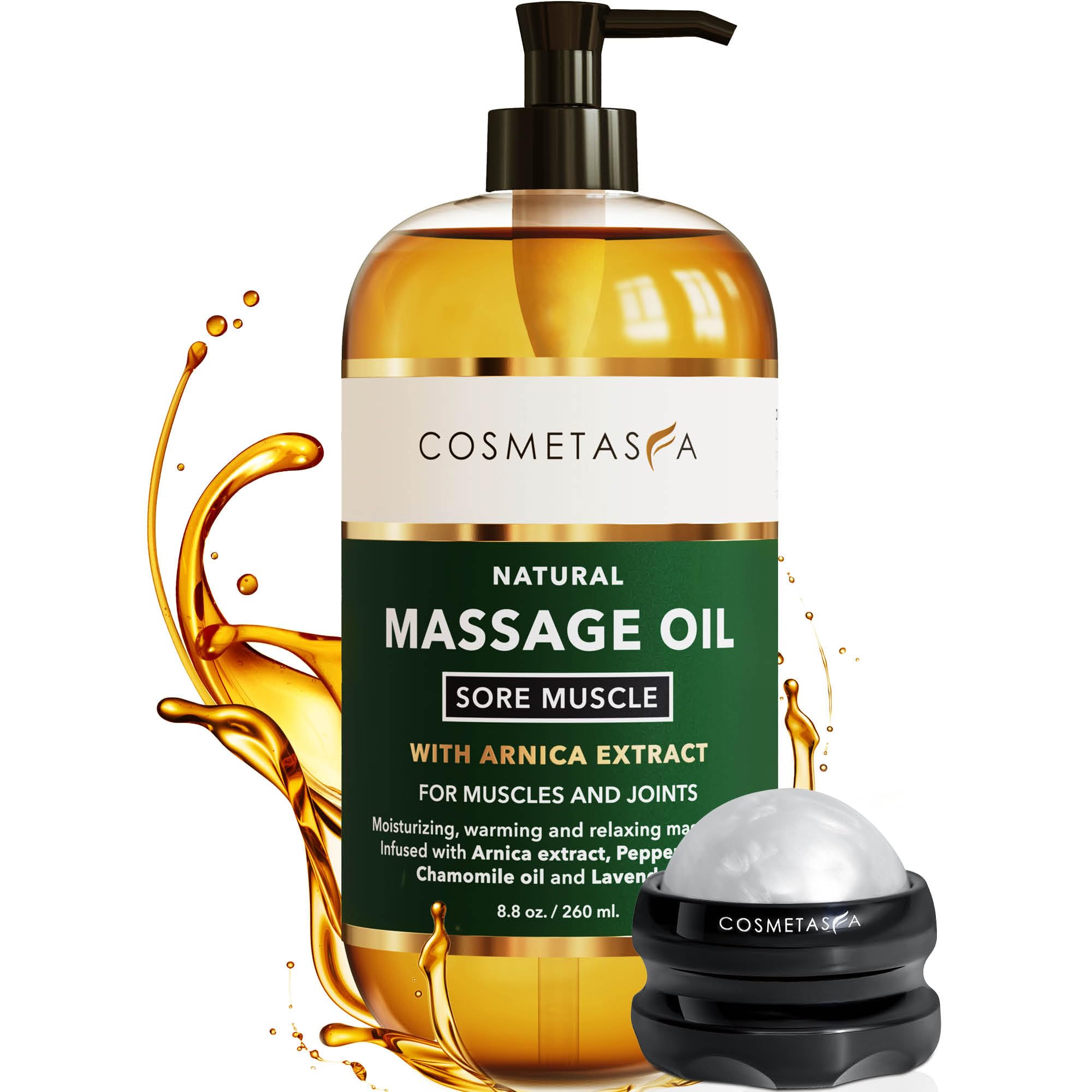 Cosmetasa massage oil roller glides smoothly for targeted relief.