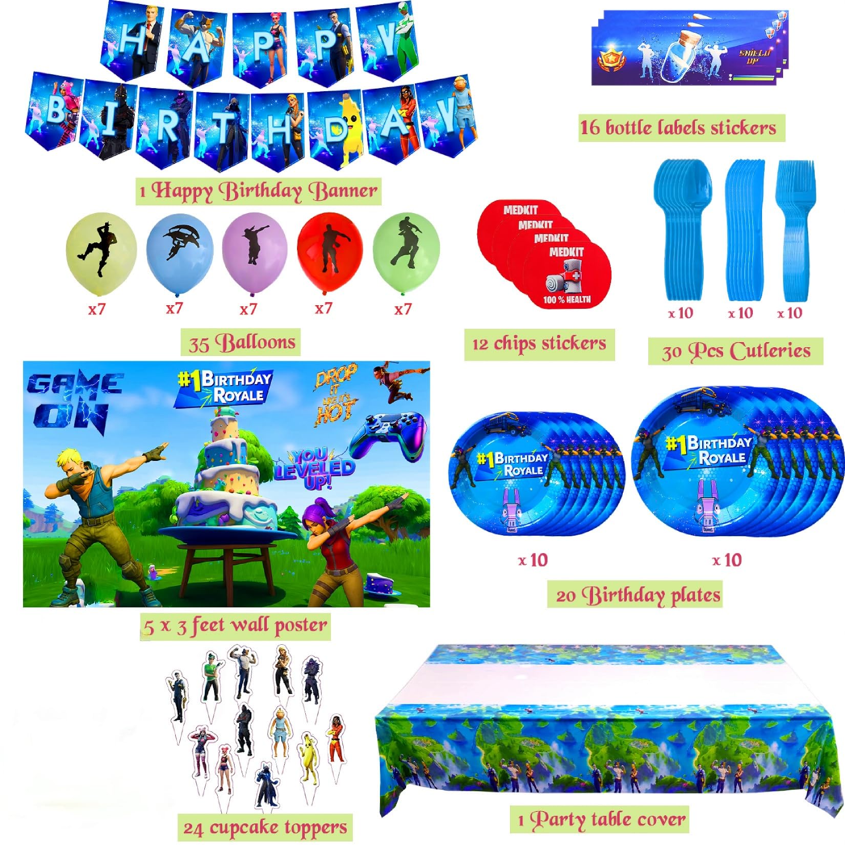 Cosmic Party game toppers pack showcases themed accents for cake and cupcakes
