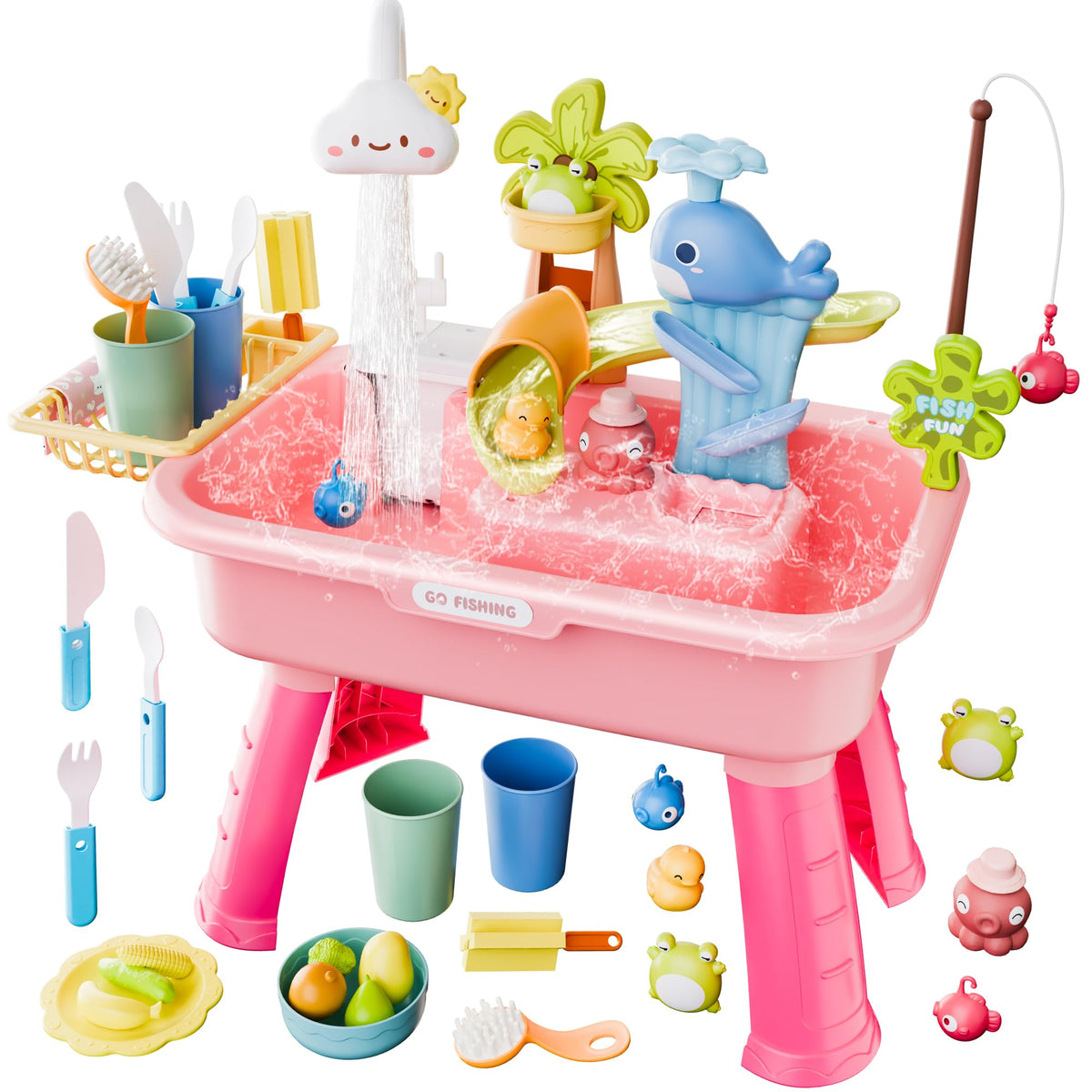 Cosminy water table pink kitchen play setup for imaginative pretend cooking.