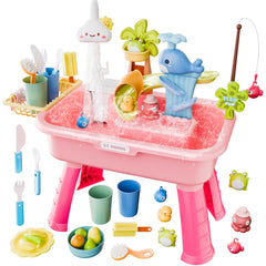 Cosminy water table pink kitchen play setup for imaginative pretend cooking.